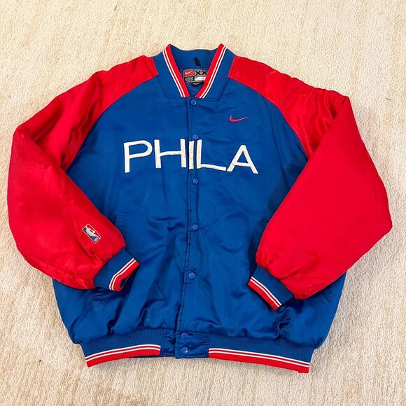 Vintage Philadelphia 76ers Jacket 2XL Blue Y2K Nike NBA Basketball Satin Bomber - Picture 1 of 9
